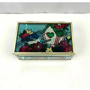 VTG Bird Birdhouse Stained Glass Trinket Box Joan Baker Designs 1994